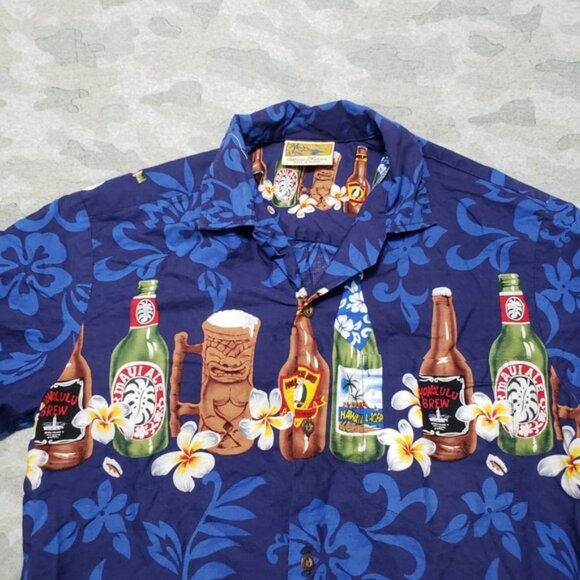 Winnie Fashion Shirt Mens Medium Blue Short Sleeve Button-Up Hawaiian Beer - Picture 3 of 5